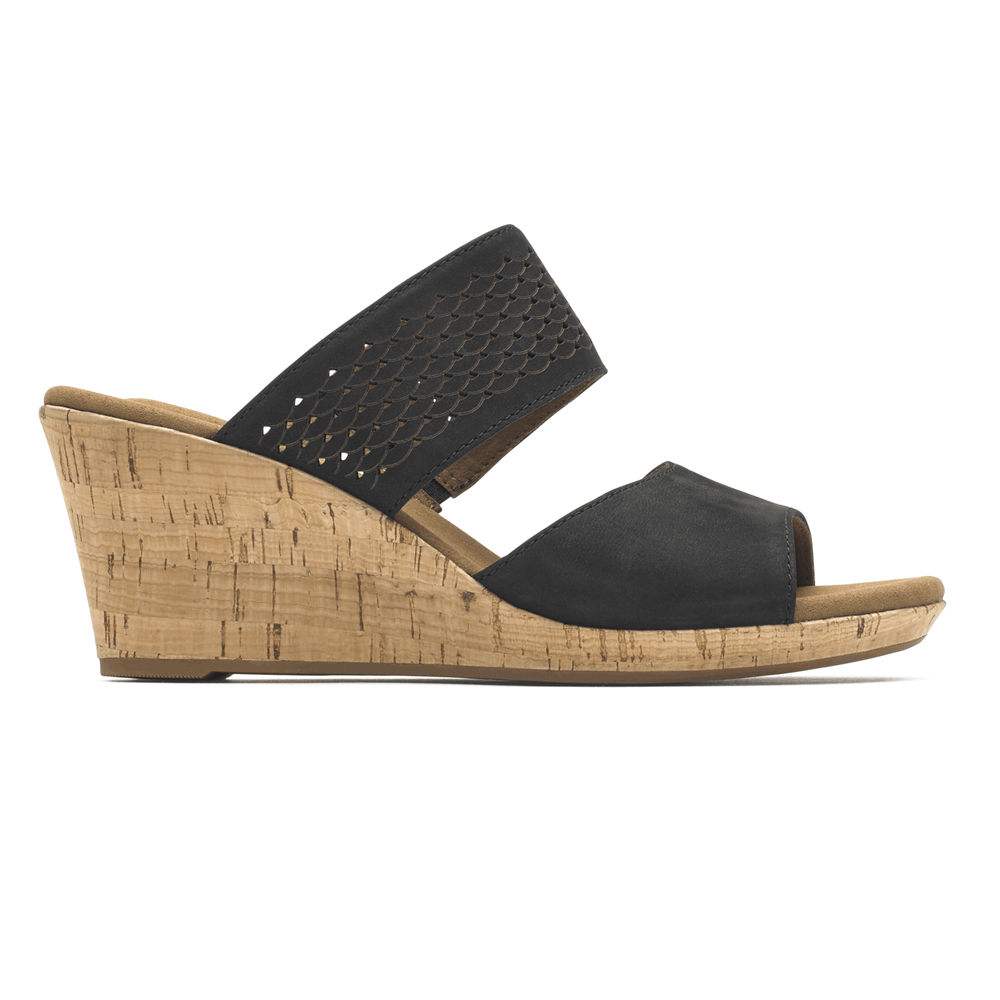 Sandalias Rockport Mujer Mexico - Briah Double Band Slip-On Wedge Negros - YJHKA0758